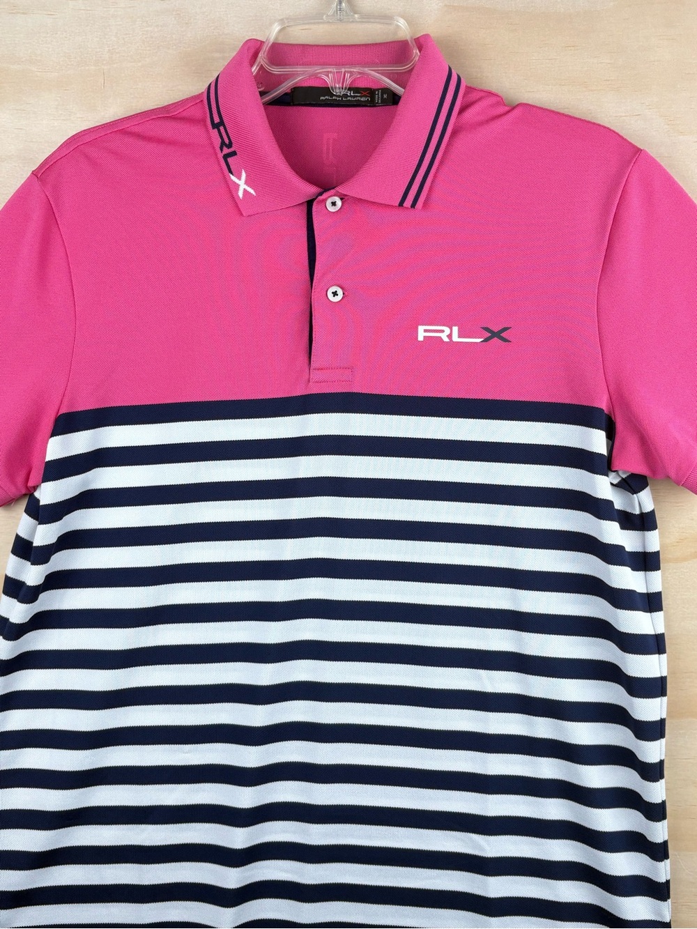 RLX Ralph Lauren Polo Shirt Mens Size Medium Pink Navy Stripe Golf Polo